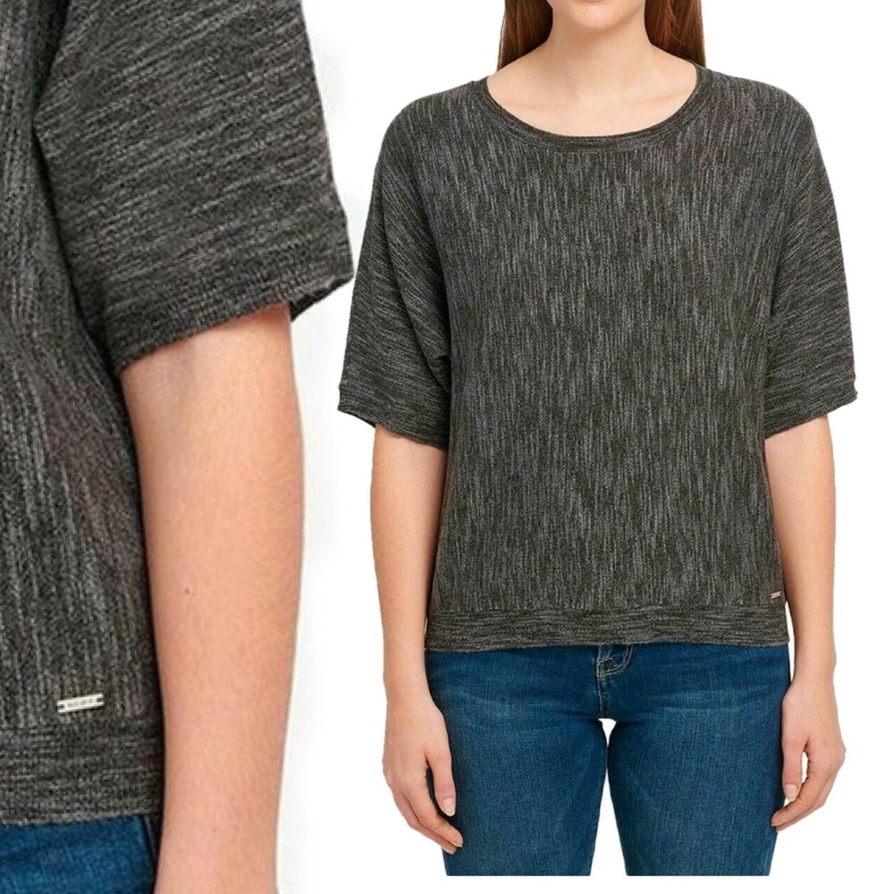 DKNY Jeans Sweater Marled Knit Half Sleeve Top Black Size Medium